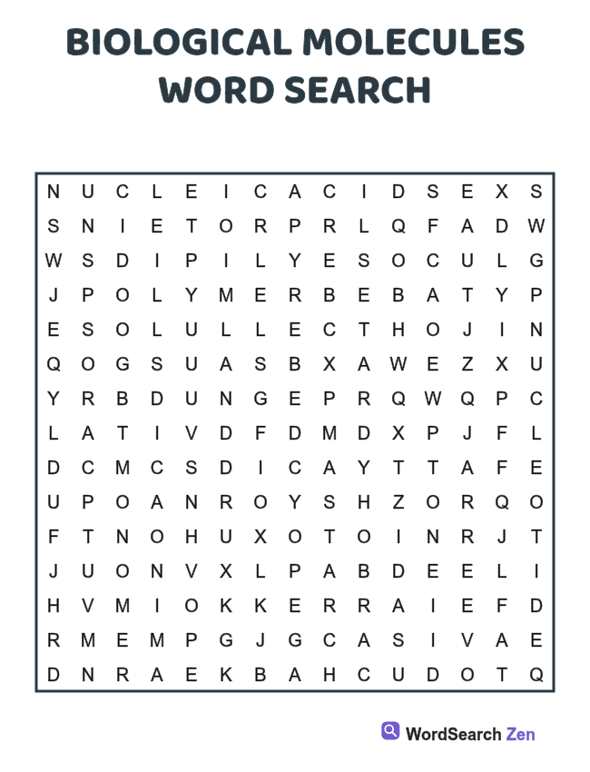 Biological Molecules Word Search printable puzzle sheet