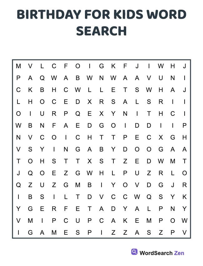 Birthday For Kids Word Search