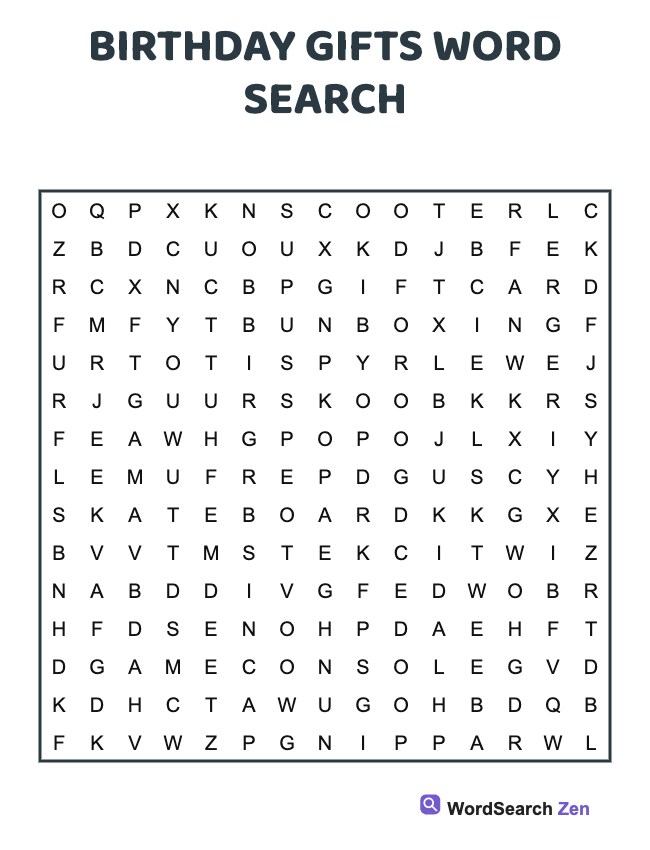 Birthday Gifts Word Search