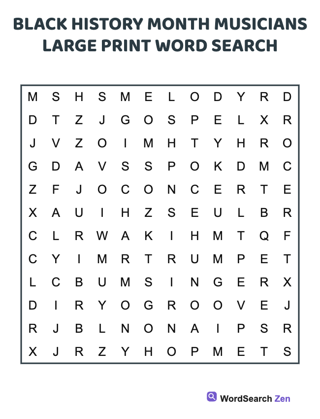 Black History Month Musicians Large Print Word Search