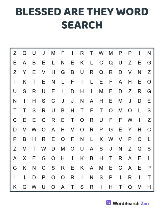 Blessed Are They Word Search printable puzzle sheet, 15 hidden words