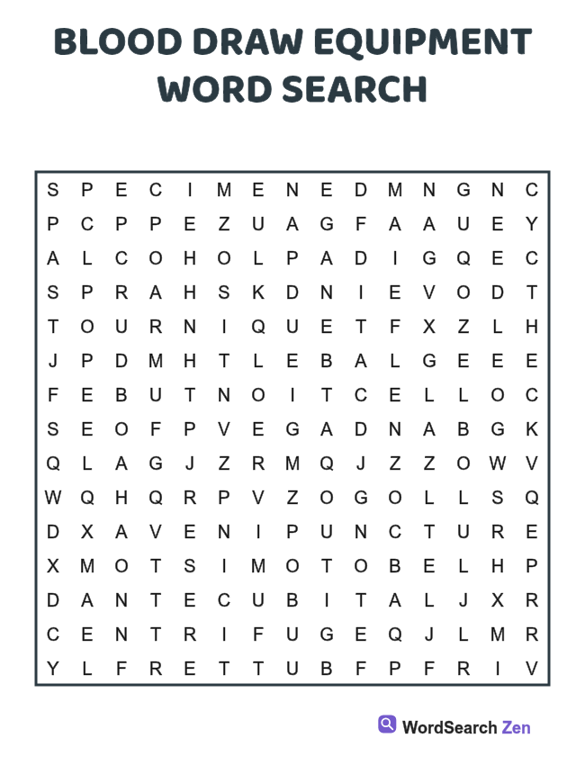 Blood Draw Equipment Word Search printable puzzle sheet