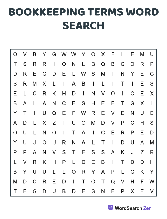 Bookkeeping Terms Word Search printable puzzle sheet