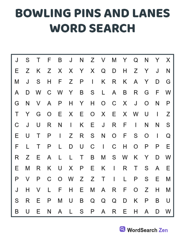 Bowling Pins and Lanes Word Search printable puzzle sheet, 15 hidden words
