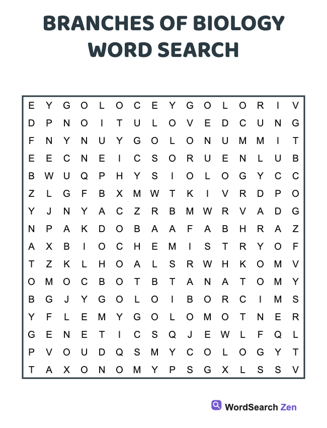Branches Of Biology Word Search