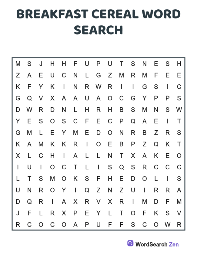 Breakfast Cereal Word Search printable puzzle sheet, 15 hidden words