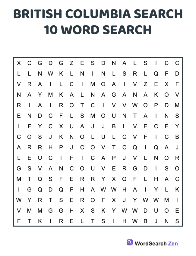British Columbia Search 10 Word Search