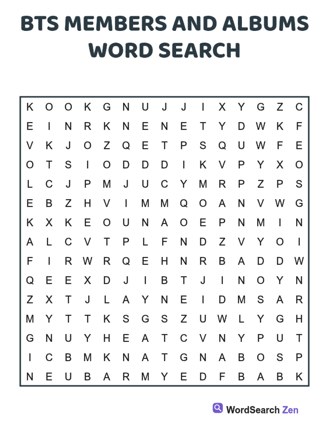 BTS Members and Albums Word Search printable puzzle sheet, 15 hidden words