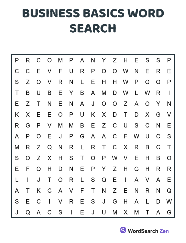 Business Basics Word Search printable puzzle sheet, 15 hidden words