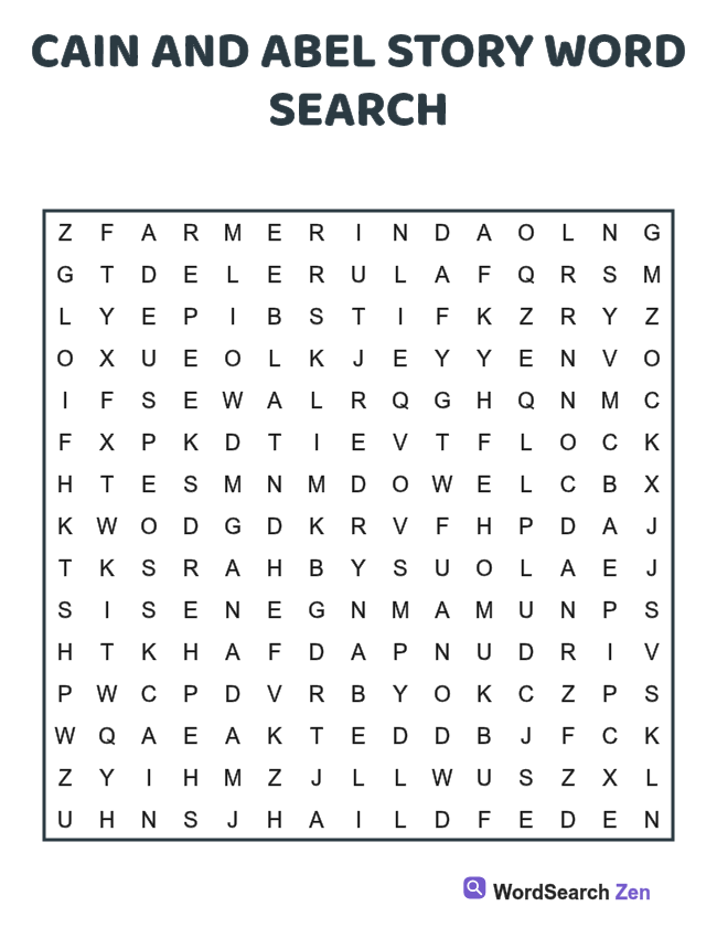Cain and Abel Story Word Search printable puzzle sheet, 15 hidden words
