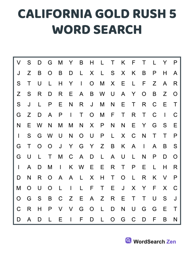 California Gold Rush 5 Word Search