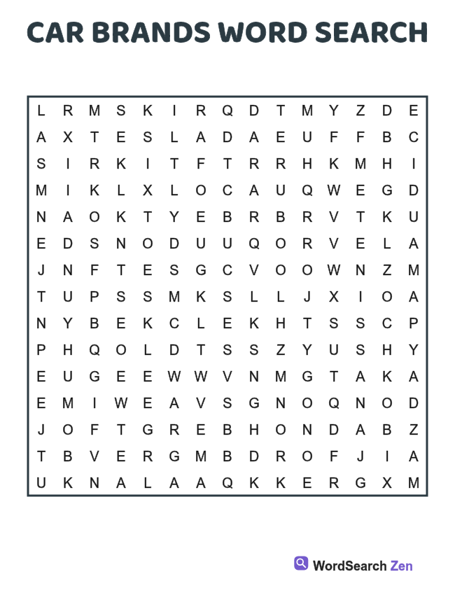 Car Brands Word Search printable puzzle sheet