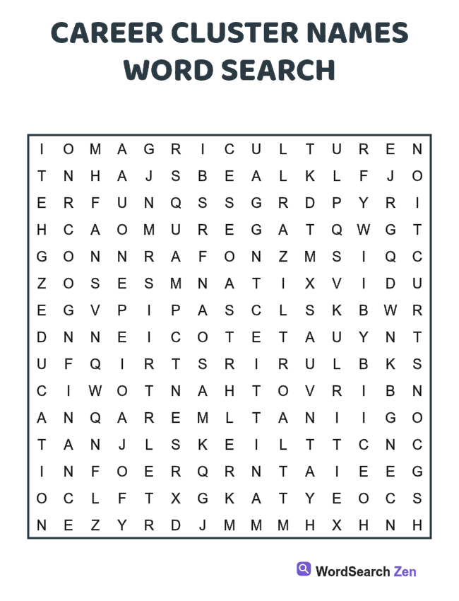 Career Cluster Names Word Search printable puzzle sheet