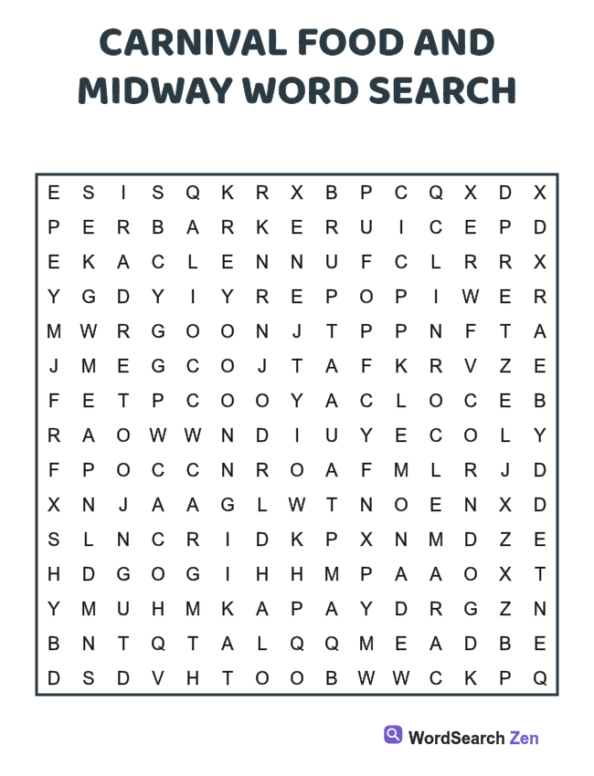 Carnival Food and Midway Word Search printable puzzle sheet