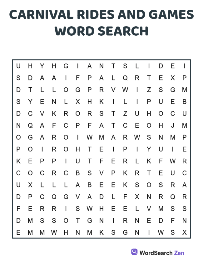 Carnival Rides and Games Word Search printable puzzle sheet