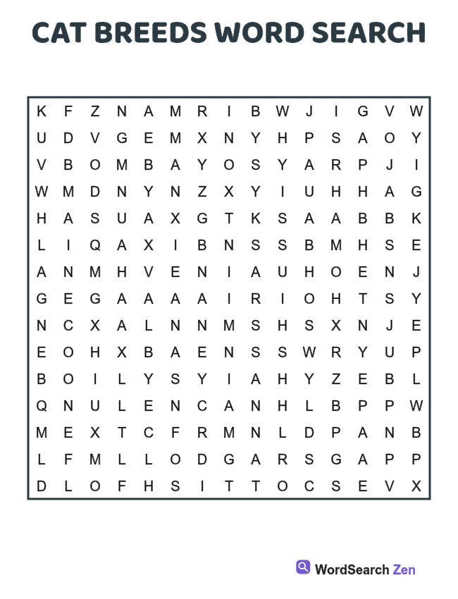 Cat Breeds Word Search printable puzzle sheet