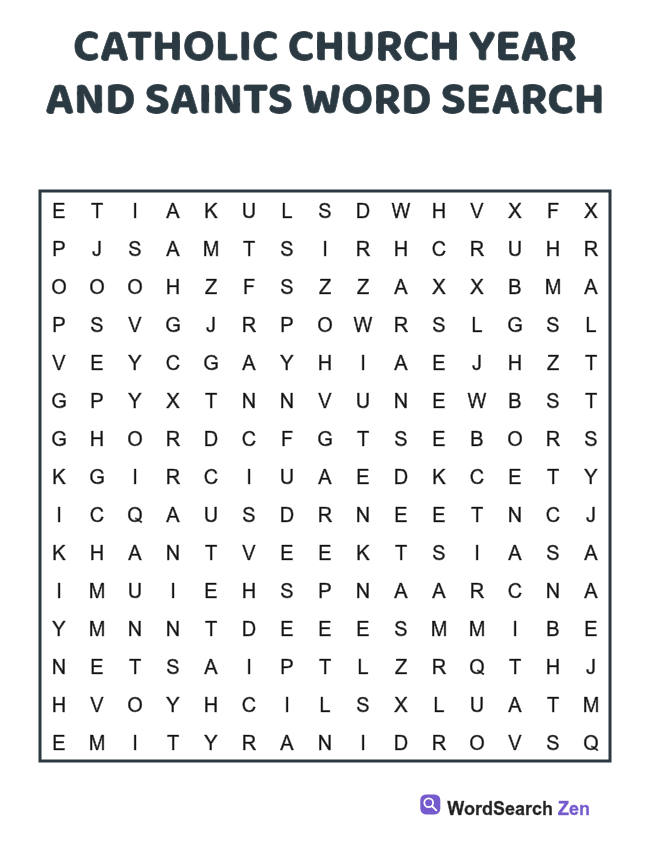Catholic Church Year and Saints Word Search printable puzzle sheet