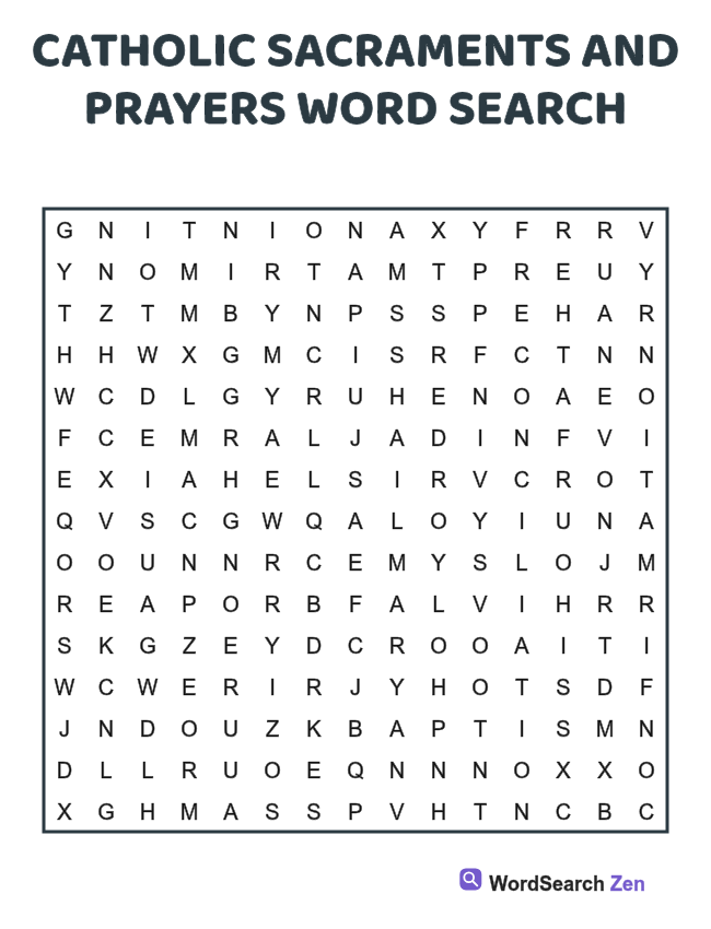 Catholic Sacraments and Prayers Word Search printable puzzle sheet