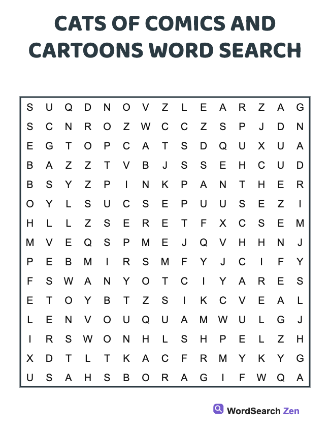 Cats Of Comics And Cartoons Word Search