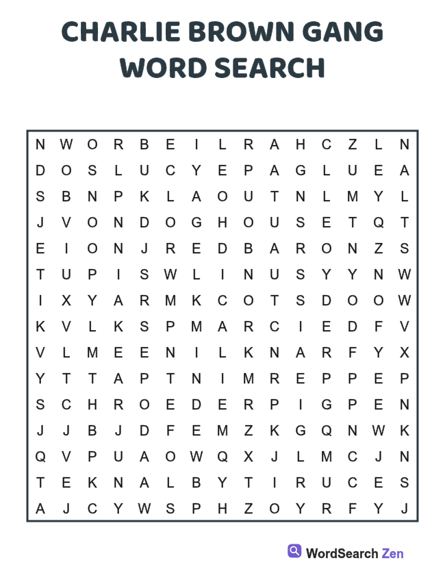 Charlie Brown Gang Word Search printable puzzle sheet, 15 hidden words