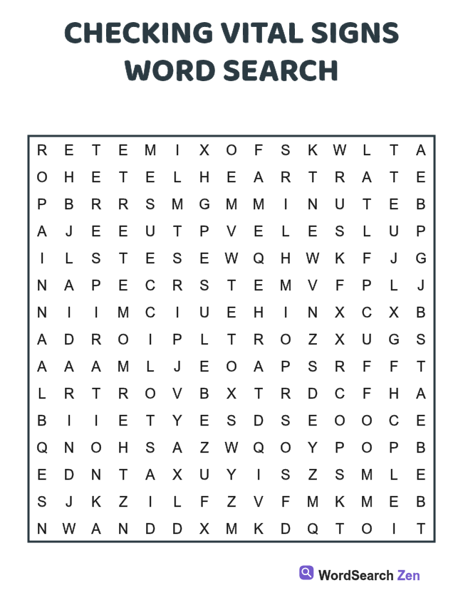 Checking Vital Signs Word Search printable puzzle sheet
