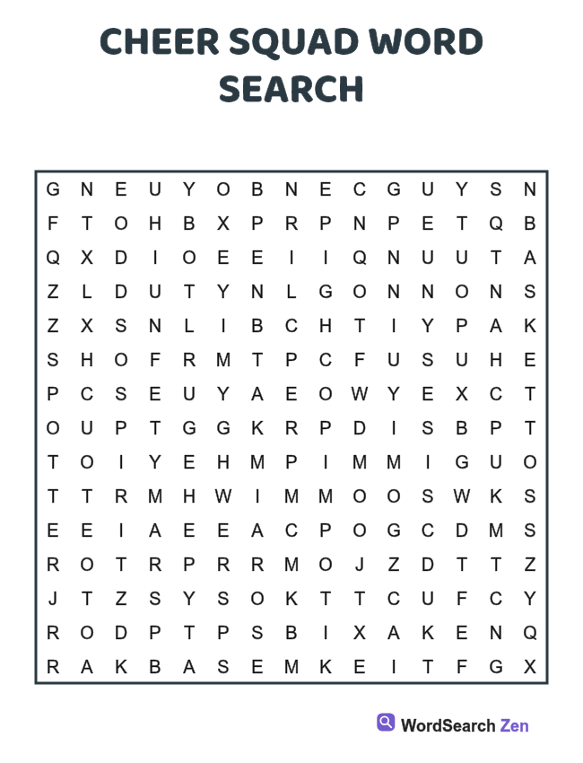 Cheer Squad Word Search printable puzzle sheet, 15 hidden words