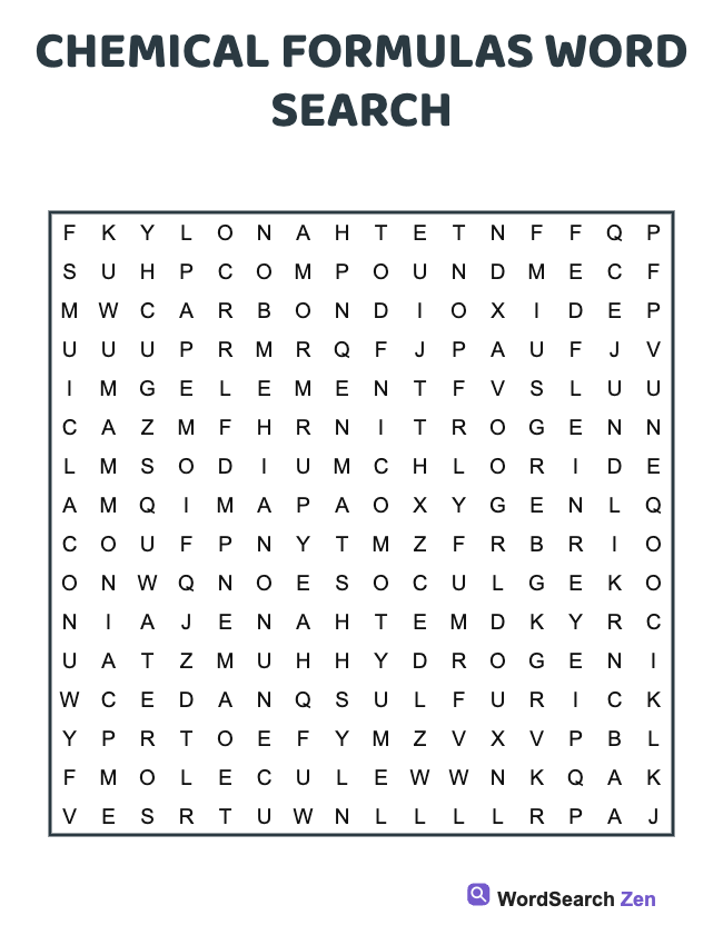 Chemical Formulas Word Search