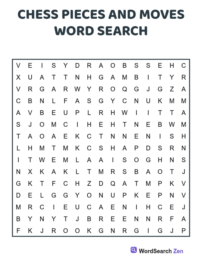 Chess Pieces and Moves Word Search printable puzzle sheet, 15 hidden words