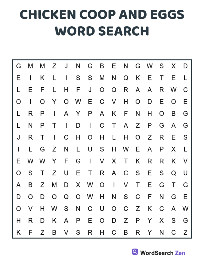 Chicken Coop and Eggs Word Search printable puzzle sheet, 15 hidden words