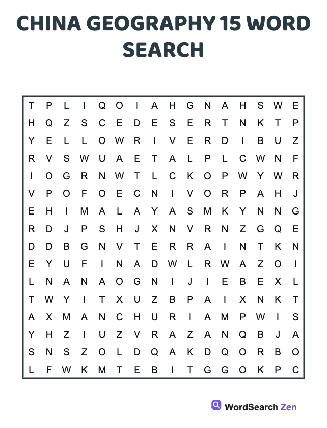 China Geography 15 Word Search