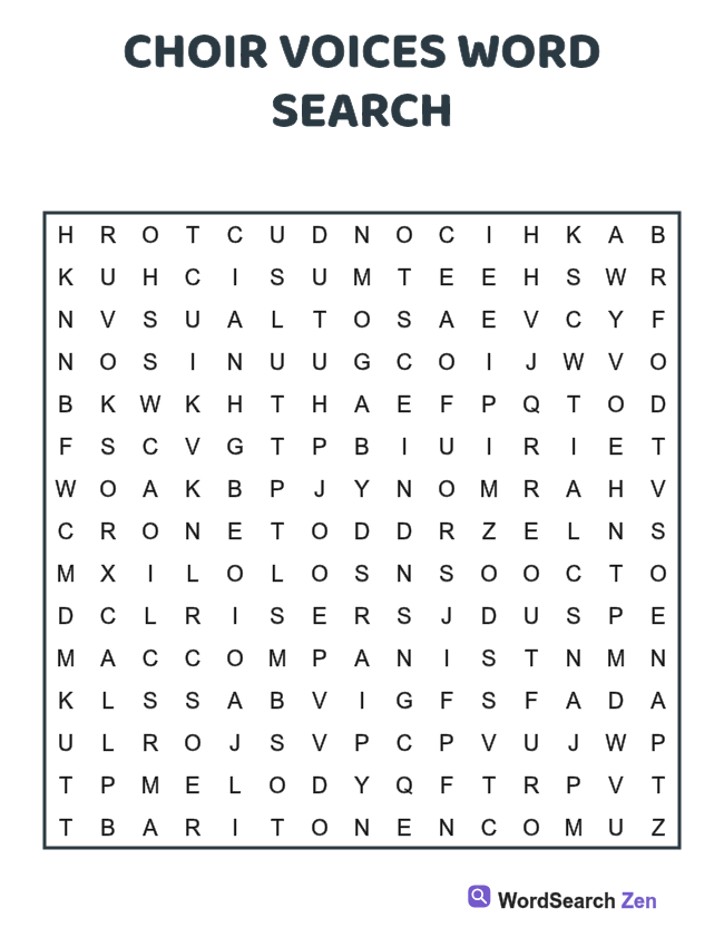 Choir Voices Word Search printable puzzle sheet, 15 hidden words