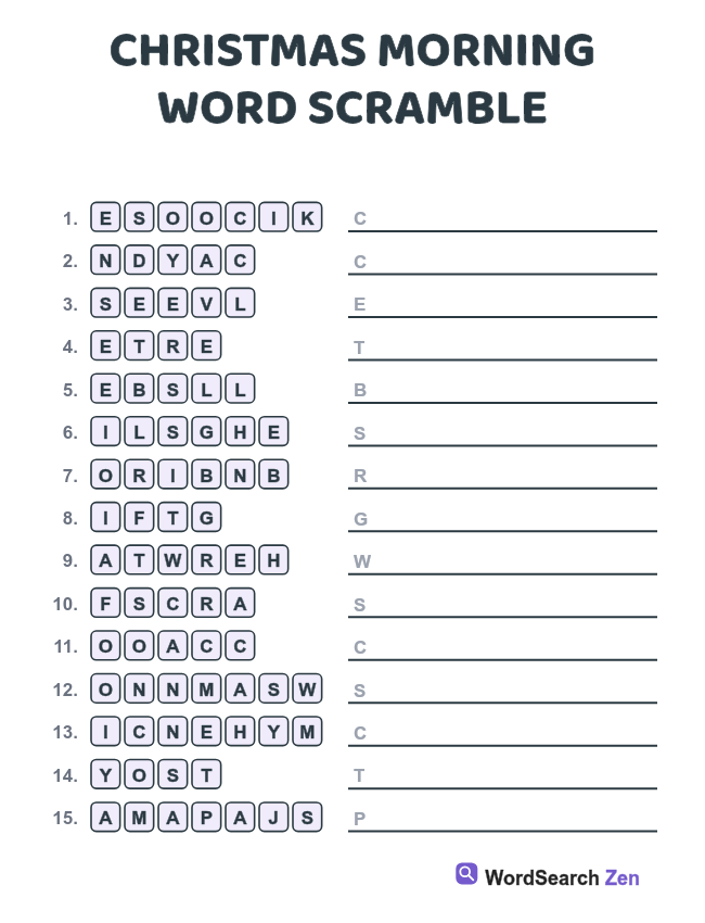 Christmas Morning Word Scramble printable sheet, 15 scrambled words