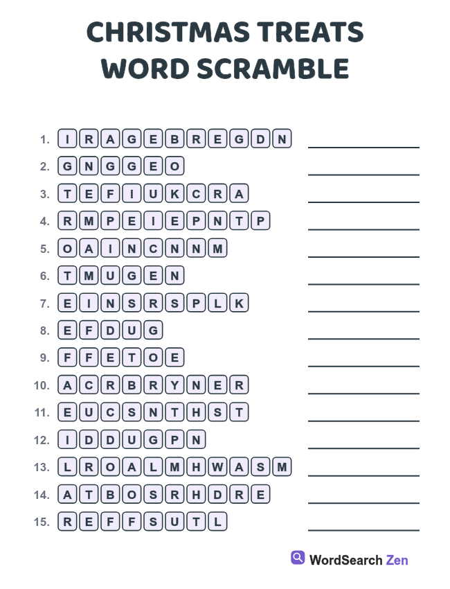 Christmas Treats Word Scramble printable sheet