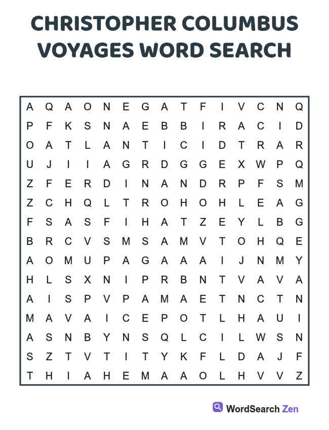 Christopher Columbus Voyages Word Search printable puzzle sheet
