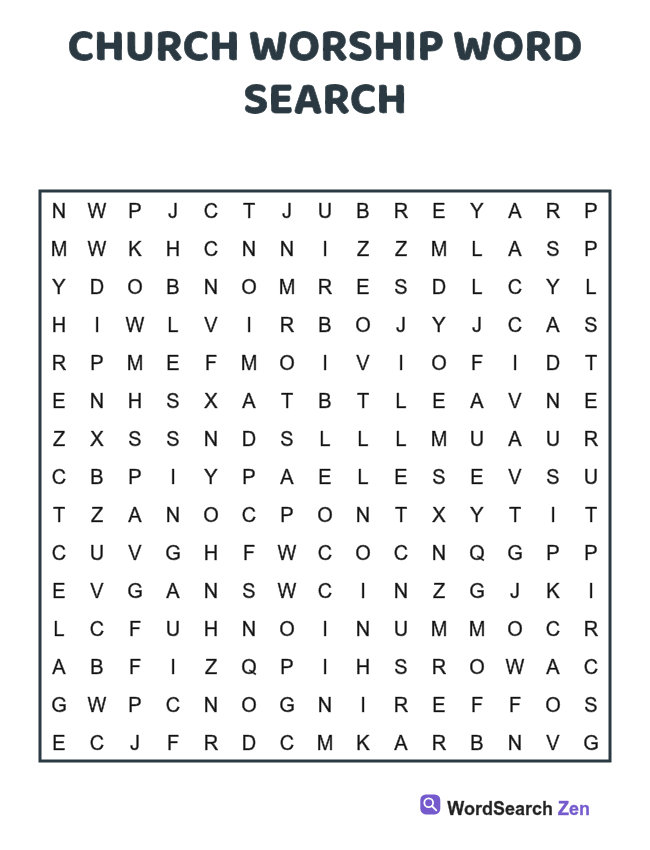 Church Worship Word Search printable puzzle sheet