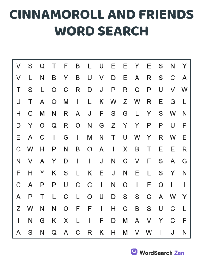 Cinnamoroll and Friends Word Search printable puzzle sheet, 15 hidden words