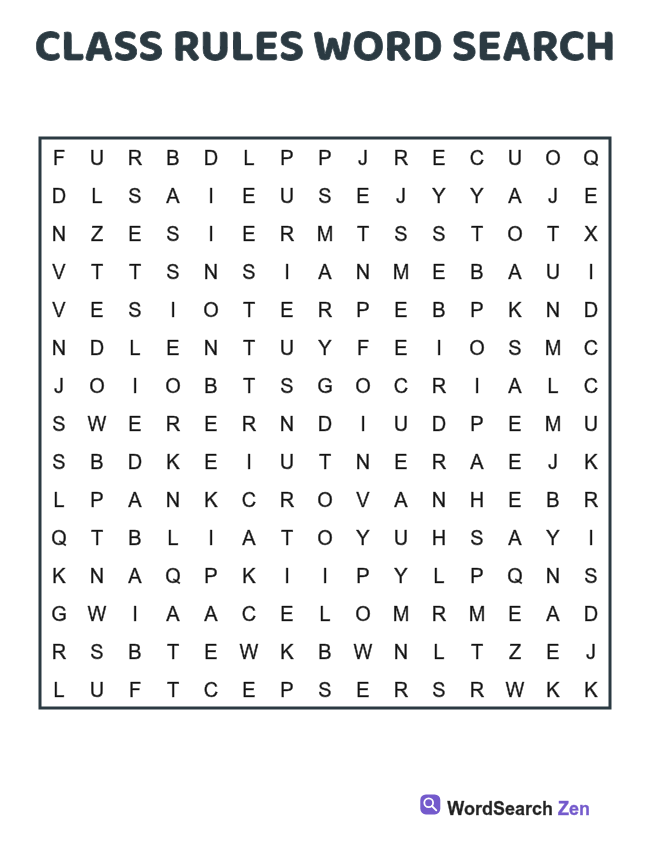 Class Rules Word Search printable puzzle sheet, 15 hidden words