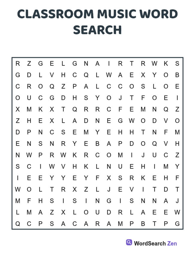 Classroom Music Word Search printable puzzle sheet, 15 hidden words