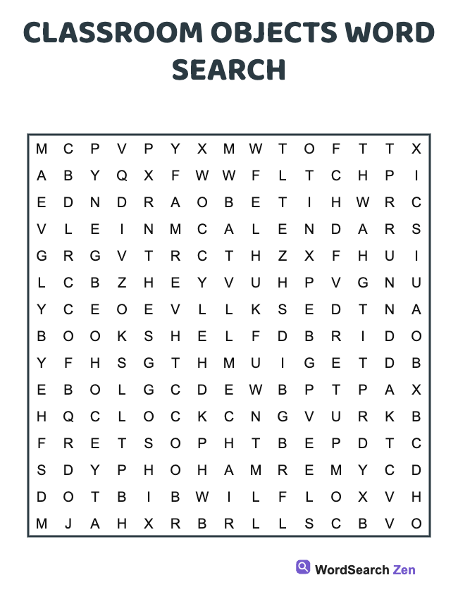 Classroom Objects Word Search