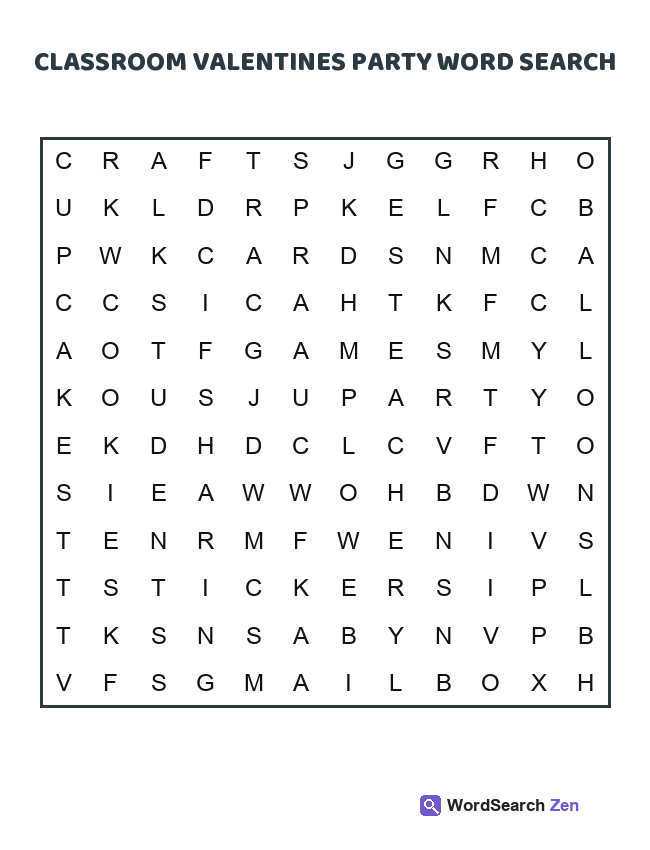 Classroom Valentines Party Word Search printable puzzle sheet