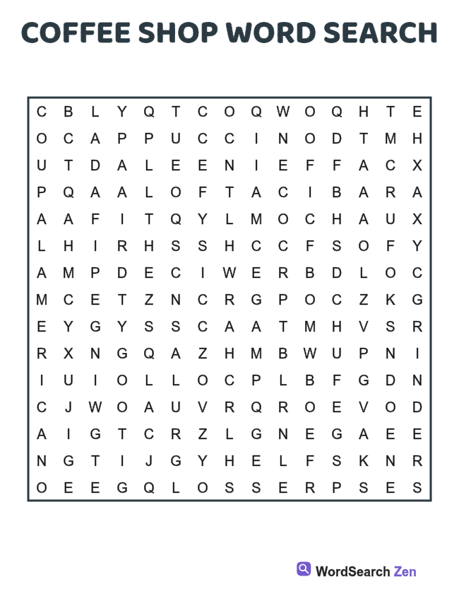 Coffee Shop Word Search printable puzzle sheet, 15 hidden words