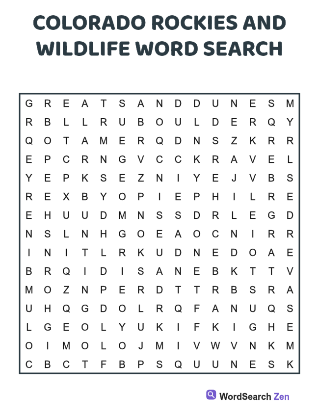 Colorado Rockies and Wildlife Word Search printable puzzle sheet, 15 hidden words