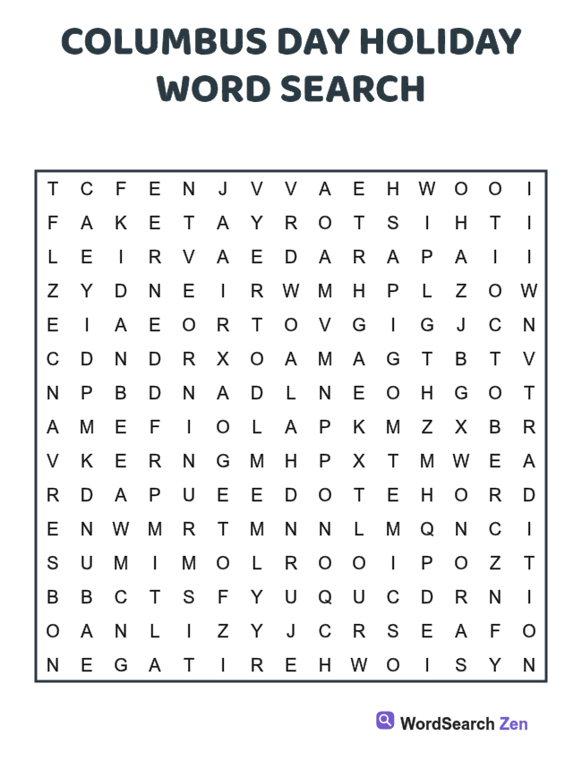 Columbus Day Holiday Word Search printable puzzle sheet