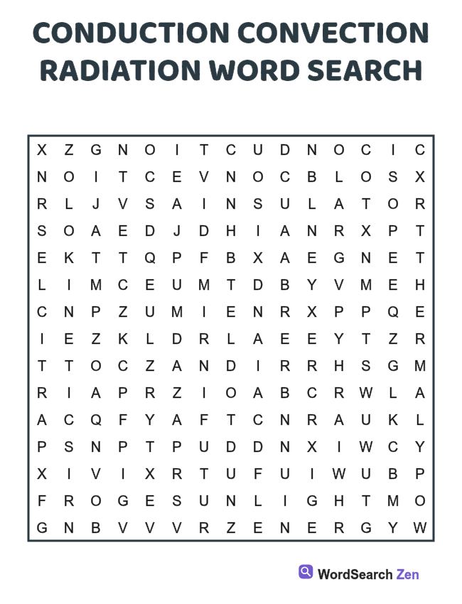 Conduction Convection Radiation Word Search printable puzzle sheet, 15 hidden words