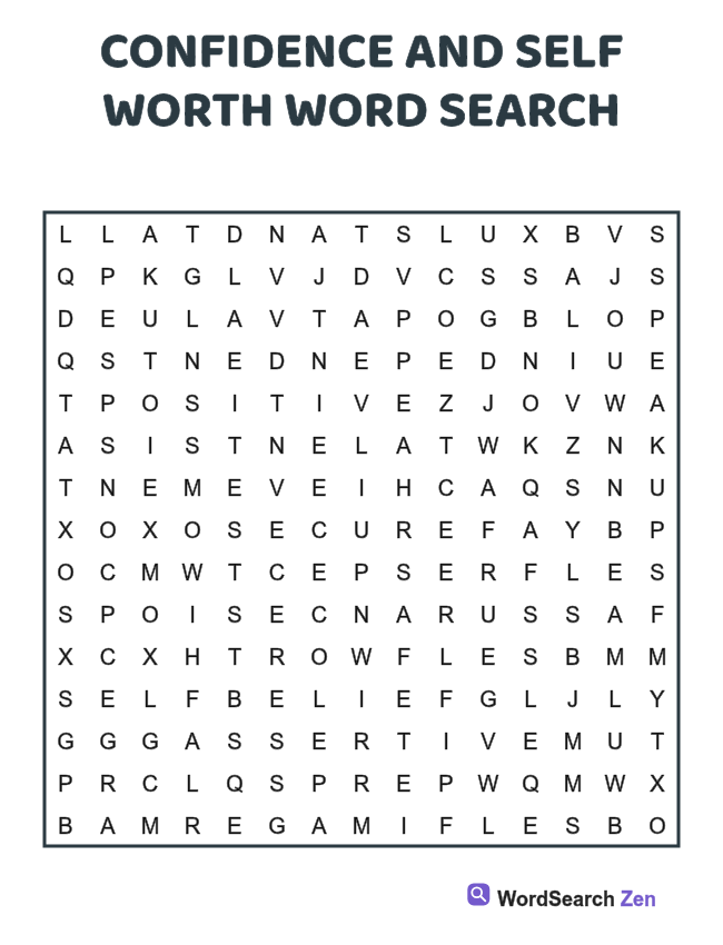 Confidence and Self Worth Word Search printable puzzle sheet, 15 hidden words
