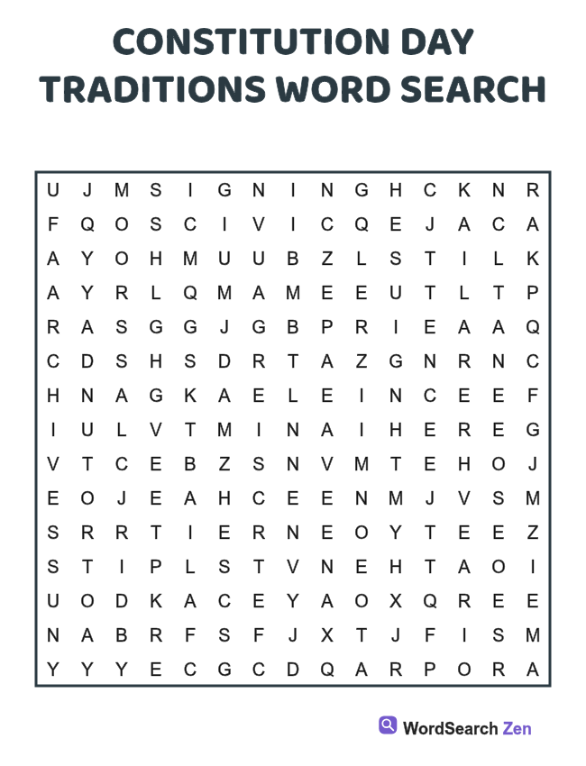 Constitution Day Traditions Word Search printable puzzle sheet