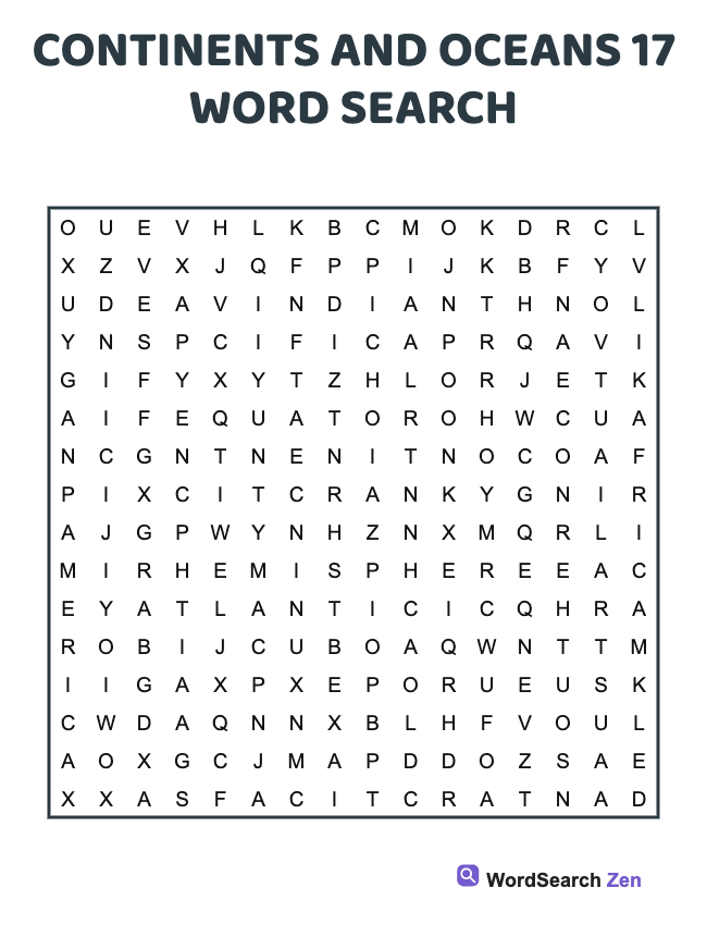 Continents And Oceans 17 Word Search