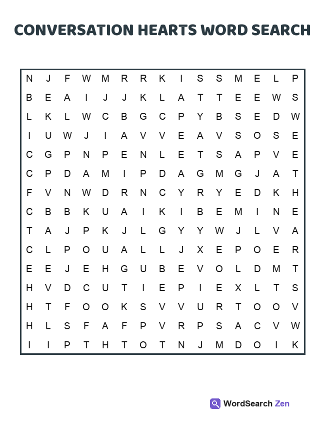 Conversation Hearts Word Search printable puzzle sheet