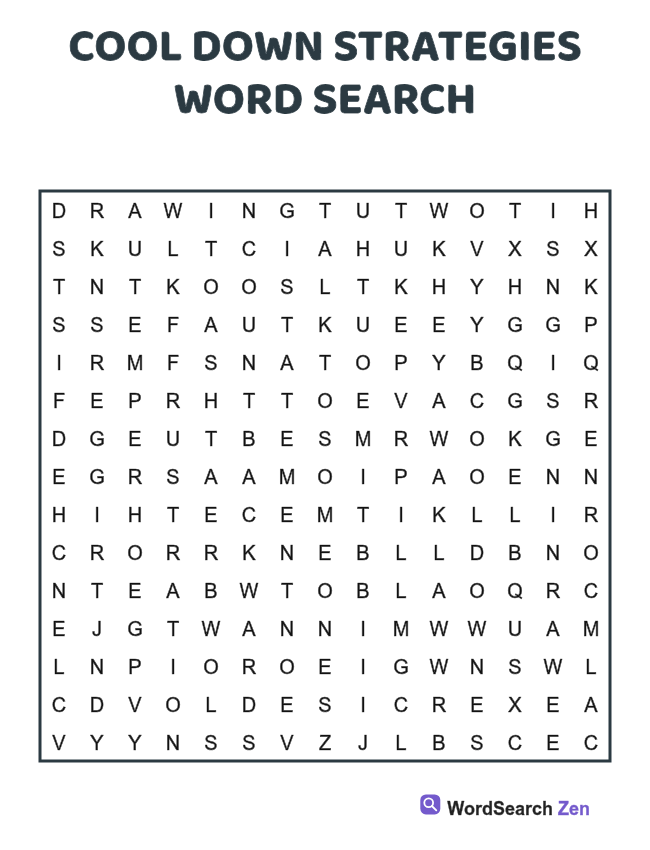 Cool Down Strategies Word Search printable puzzle sheet, 15 hidden words