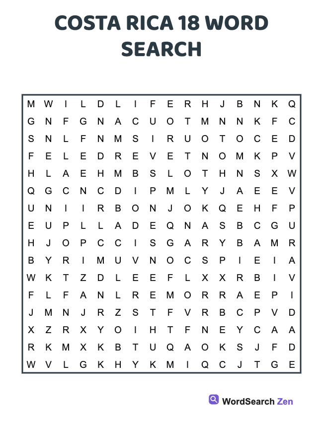 Costa Rica 18 Word Search